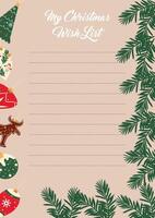 Template for Christmas wish list. Hand drawn design on craft beige background. vector