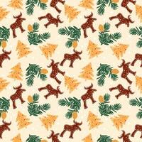 Hand drawn seamless Christmas pattern with gingerbread cookies and fir tree branch. vector