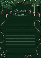 Elegant template for Christmas wish list. Hand drawn design on dark green background. vector