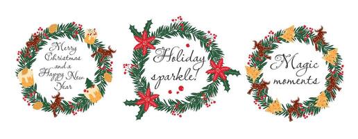 Hand drawn Christmas wreath set with fir tree branch, gingerbread reindeer and berries. vector