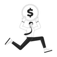 Digital marketing budget black and white 2D illustration concept. Asian man running with dollar coin outline character isolated. Allocation funds for business promotion metaphor monochrome art vector