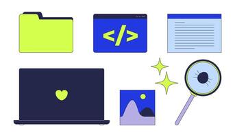 Programming desktop icons 2D cartoon objects set. Angle brackets slash. Bug fix. Open laptop. Folder document isolated elements flat cliparts on white background. Spot illustrations collection vector