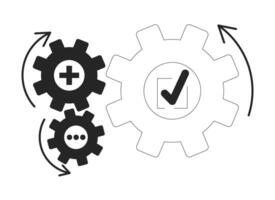 Business gears connect black and white 2D line object. Cogs process automation. Integration join. Project management cogwheels isolated clip art outline item. Monochromatic spot illustration vector