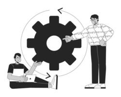 Digital marketing strategy black and white 2D illustration concept. Business marketers with process gear cog outline characters isolated. Problem solving cogwheel metaphor monochrome art vector