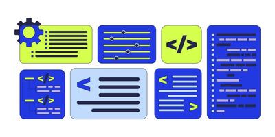 Software development programming interface 2D cartoon objects set. Code visualization. Brackets slash coding isolated elements flat cliparts on white background. Spot illustrations collection vector