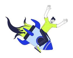 Caucasian man falling down on rocket 2D cartoon character. Startup failed. Business failure. Guy collapsing on space shuttle isolated person flat on white background. Spot illustration colorful vector