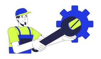 Mechanic man with spanner unscrewing screw on gear 2D cartoon character. Caucasian repairman working with wrench cogwheel isolated person flat on white background. Spot illustration colorful vector