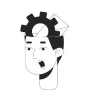 Gear envelope inside head overload man open mouth black and white 2D avatar illustration. Workload pressure outline character face isolated. Overworked mind user profile image portrait vector