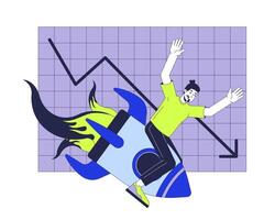 Digital marketing fail 2D illustration concept. Caucasian man falling down on rocket cartoon character isolated on white. Worst online marketing campaign failure metaphor abstract flat graphic vector