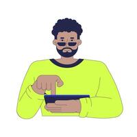 African american bearded man typing tablet touch screen 2D cartoon character. FOMO tech. Sunglasses black guy using gadget isolated person flat on white background. Spot illustration colorful vector