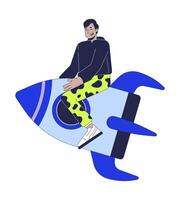 Happy indian man riding rocket 2D cartoon character. Startuper rocketship. South asian guy flying on spaceship shuttle isolated person flat on white background. Spot illustration colorful vector