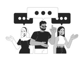 Diverse customers comments black and white 2D illustration concept. Consumers reviews. Message bubbles feedback clients outline characters isolated. Digital marketing metaphor monochrome art vector