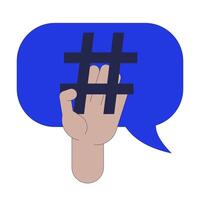 Hashtag in digital marketing 2D illustration concept. Adding hash symbol to social media post cartoon character hand isolated on white. Online blogging viral metaphor abstract flat graphic vector