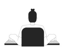 Back view man typing computer keyboard black and white 2D line character. Caucasian male programmer coding, corporate engineer isolated outline person. Monochromatic spot illustration vector