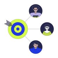 Target customers 2D illustration concept. Common goal for team cartoon characters isolated on white. Purpose employees. Consumers aim. Internet marketing metaphor abstract flat graphic vector