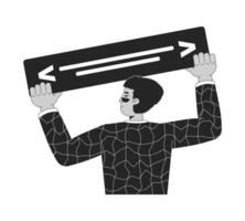 Latin american programmer holding syntax code block black and white 2D line character. Sunglasses hispanic software engineer building isolated outline person. Monochromatic spot illustration vector