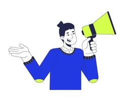 Communicative caucasian man talking through megaphone 2D cartoon character. Male activist promoting with loudspeaker isolated person flat on white background. Spot illustration colorful vector