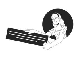 Holding textbox woman in circle frame black and white 2D line character. Answer quote. Blonde caucasian female presenting text block isolated outline person. Monochromatic spot illustration vector