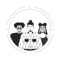 Target audience black and white 2D illustration concept. Niche business. Market segmentation. Focus customers multiracial outline characters isolated. Digital marketing metaphor monochrome art vector