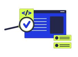 Assessing programming code with loupe 2D cartoon object. Coding program magnifier. Computer window magnifying glass isolated element flat clipart on white background. Spot illustration vector