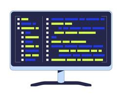 Computer monitor with programming syntax code 2D cartoon object. Coding digital display. Software engineering program isolated element flat clipart on white background. Spot illustration vector