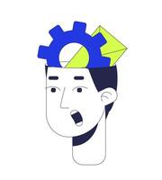 Gear envelope inside head overload man open mouth 2D linear avatar illustration. Workload pressure cartoon character face portrait. Overworked mind flat user profile color image isolated vector