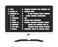 Computer monitor with programming syntax code black and white 2D line object. Coding display. Software engineering program isolated clip art outline item. Monochromatic spot illustration vector