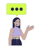 Smiling middle eastern woman with text message bubble 2D cartoon character. Modern arab female talking three dots isolated person flat on white background. Spot illustration colorful vector