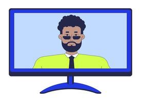 Black male manager on screen computer monitor 2D cartoon object. African american man shirt tie on call display isolated element flat clipart on white background. Spot illustration vector