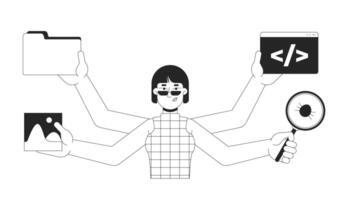 Multitasking woman programmer black and white 2D line character. Managing tasks. Multi hands korean female coding computer engineer isolated outline person. Monochromatic spot illustration vector
