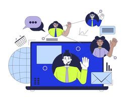 Remote digital marketing team 2D illustration concept. Social media specialists working together cartoon characters isolated on white. Retail business promotion metaphor abstract flat graphic vector