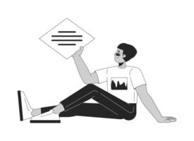 Modern hispanic man holding text block black and white 2D line character. Latin american guy in casual clothes sitting with textbox isolated outline person. Monochromatic spot illustration vector