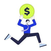 Digital marketing budget 2D illustration concept. Asian man running with dollar coin cartoon character isolated on white. Allocation funds for business promotion metaphor abstract flat graphic vector