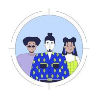 Target audience 2D illustration concept. Niche business. Market segmentation. Focus customers multiracial cartoon characters isolated on white. Digital marketing metaphor abstract flat graphic vector