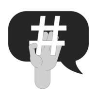 Hashtag in digital marketing black and white 2D illustration concept. Adding hash symbol to social media post outline character hand isolated. Online blogging viral metaphor monochrome art vector