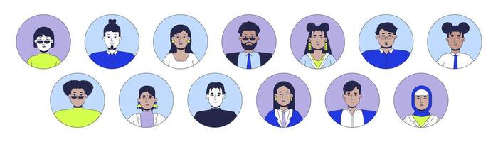 Multi-ethnic office workers 2D linear avatars illustration set. Diverse women men cartoon character faces portraits collection. Employees smart casual flat color user profiles images isolated vector