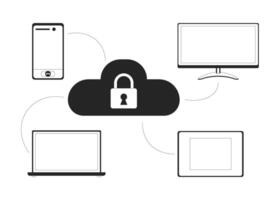 Connecting IoT devices to cloud black and white 2D line object. Database technology. Data storage. Connectivity server protection isolated clip art outline item. Monochromatic spot illustration vector