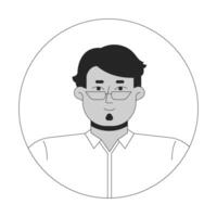 Middle aged arab man wearing eyeglasses black and white 2D avatar illustration. Middle eastern guy soul patch beard outline character face isolated. Round frame user profile image portrait vector