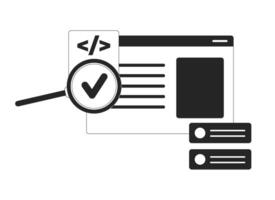 Assessing programming code with loupe black and white 2D line object. Coding program magnifier. Computer window magnifying glass isolated clip art outline item. Monochromatic spot illustration vector