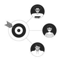Target customers black and white 2D illustration concept. Common goal for team outline characters isolated. Purpose employees. Consumers aim. Internet marketing metaphor monochrome art vector