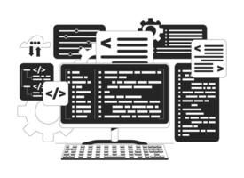 Programming computing black and white 2D line object. Backend program coding development. Computer keyboard with syntax codes isolated clip art outline item. Monochromatic spot illustration vector