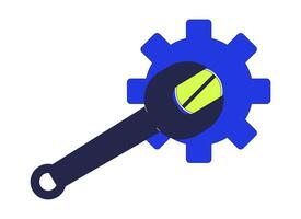 Wrench unscrewing screw on gear 2D cartoon object. Spanner turning cogwheel. Workshop maintenance. Work tool with cog wheel isolated element flat clipart on white background. Spot illustration vector