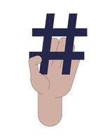 Hand holding hashtag cartoon illustration. Categorize content on social media. Keyword phrase microblogging. Hash tag symbol linear 2D image, white background. Editable colorful flat clipart vector