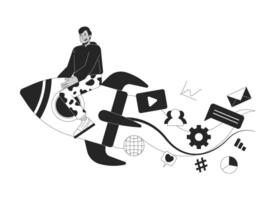 Effective digital marketing strategy black and white 2D illustration concept. Indian man riding rocket outline character isolated. Accelerating business in social media metaphor monochrome art vector
