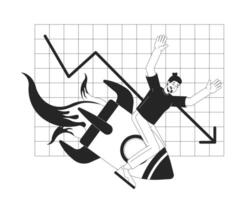 Digital marketing fail black and white 2D illustration concept. Caucasian man falling down on rocket outline character isolated. Worst online marketing campaign failure metaphor monochrome art vector