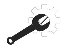 Wrench unscrews screw on gear black and white 2D line object. Spanner turning cogwheel. Workshop maintenance. Work tool with cog isolated clip art outline item. Monochromatic spot illustration vector