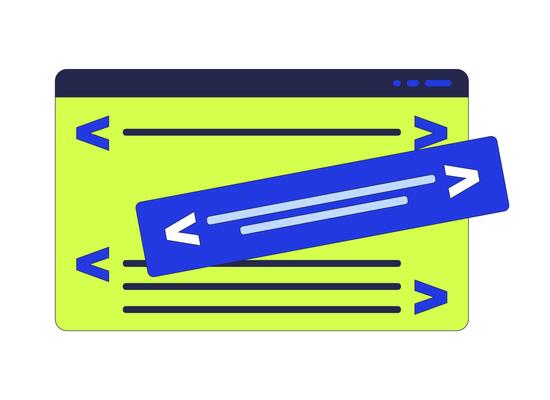 Computer window code development 2D cartoon object. Web programming. Software engineering. Technology application isolated element flat clipart on white background. Spot illustration