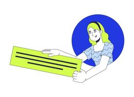 Holding textbox woman in circle frame 2D cartoon character. Answer quote. Blonde caucasian female presenting text block isolated person flat on white background. Spot illustration colorful vector