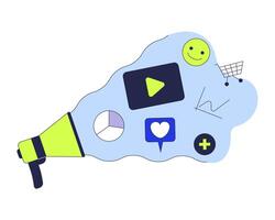 Loudspeaker social media monitoring 2D cartoon object. Engagement, trends, loud speaker. Online platform analyzing megaphone isolated element flat clipart on white background. Spot illustration vector