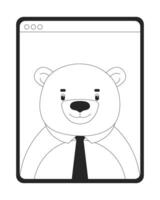 Collar tie bear on tablet screen black and white 2D line object. Anthropomorphic business manager online meeting display device isolated clip art outline item. Monochromatic spot illustration vector